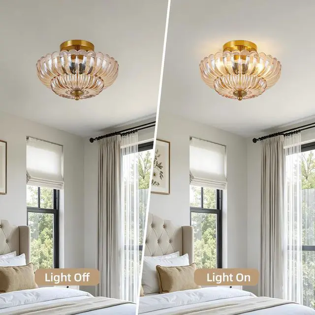 Alt view image 4 of 7 - 11.8 inch Semi Flush Mount Ceiling Light, 3-Light Close to Ceiling Light Fixtures with Flower Glass, Vintage Ceiling Lights for Hallway Living Room Kitchen Bedroom Bathroom, Amber