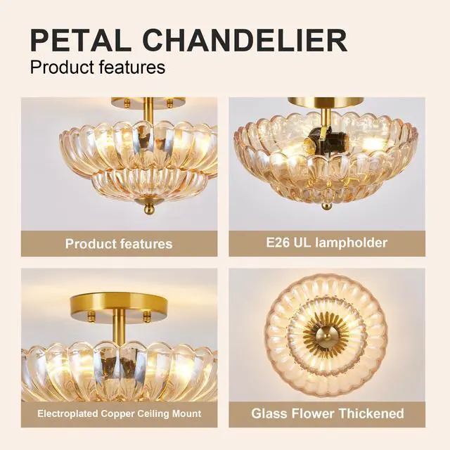 Alt view image 6 of 7 - 11.8 inch Semi Flush Mount Ceiling Light, 3-Light Close to Ceiling Light Fixtures with Flower Glass, Vintage Ceiling Lights for Hallway Living Room Kitchen Bedroom Bathroom, Amber