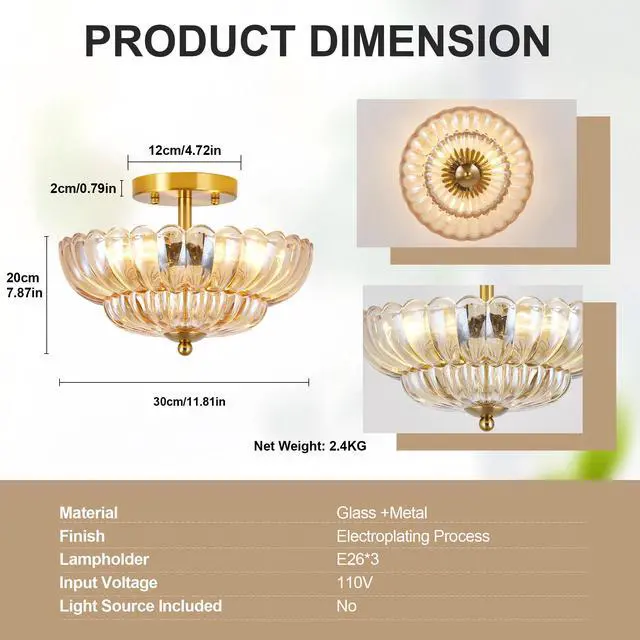 Alt view image 7 of 7 - 11.8 inch Semi Flush Mount Ceiling Light, 3-Light Close to Ceiling Light Fixtures with Flower Glass, Vintage Ceiling Lights for Hallway Living Room Kitchen Bedroom Bathroom, Amber