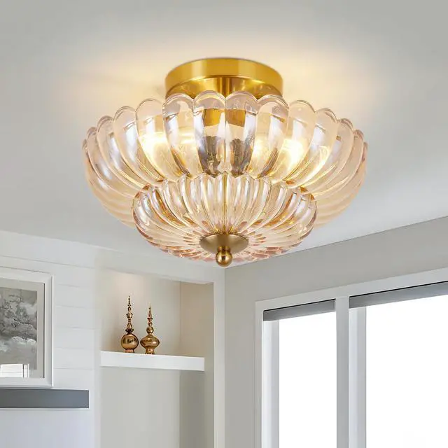 Main image of 11.8 inch Semi Flush Mount Ceiling Light, 3-Light Close to Ceiling Light Fixtures with Flower Glass, Vintage Ceiling Lights for Hallway Living Room Kitchen Bedroom Bathroom, Amber