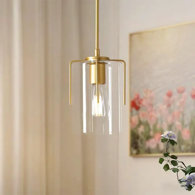 Alt view image 2 of 7 - Farmhouse Gold Pendant Light, 1-Light Clear Glass Kitchen Island Light for Dining Table, Adjustable Modern Hanging Ceiling Fixture for Entryway, Hallway, Bedroom
