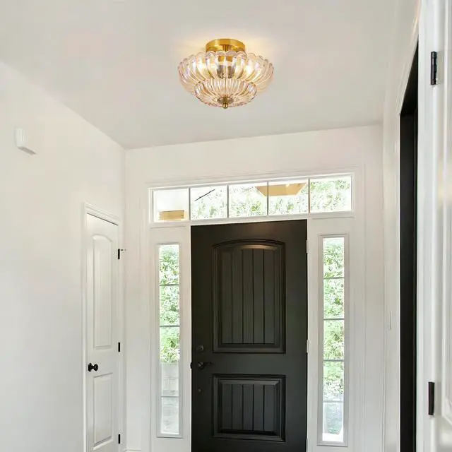 Alt view image 3 of 7 - 11.8 inch Semi Flush Mount Ceiling Light, 3-Light Close to Ceiling Light Fixtures with Flower Glass, Vintage Ceiling Lights for Hallway Living Room Kitchen Bedroom Bathroom, Amber