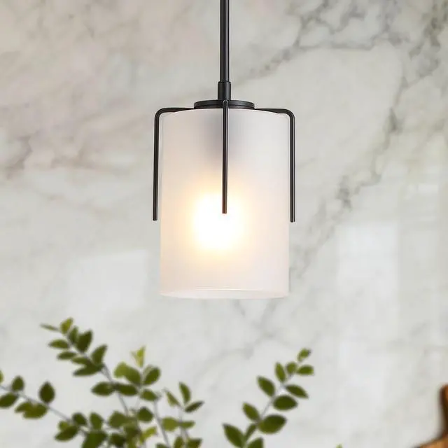Alt view image 2 of 7 - Modern Adjustable Cylindrical Pendant Light, Milky White Frosted Glass & Black Metal Frame, E26 Base, Compatible with Flat/Vaulted/Sloped Ceilings, Ideal for Kitchen Island, Dining Room, Bedroom