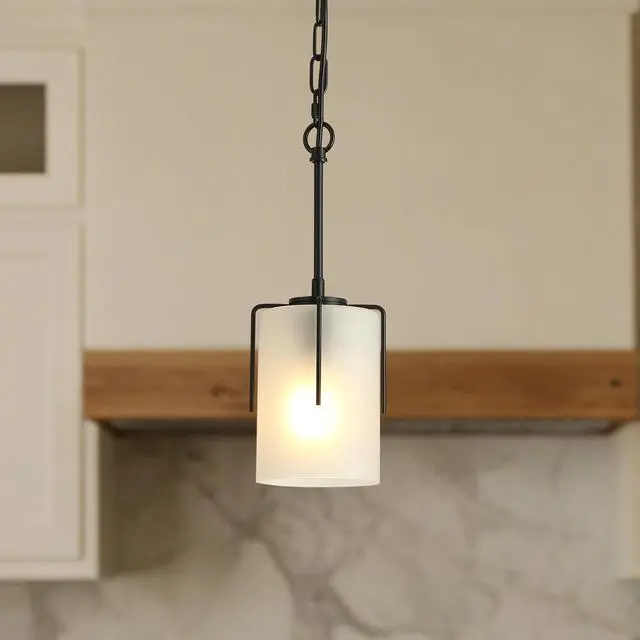 Alt view image 5 of 7 - Modern Adjustable Cylindrical Pendant Light, Milky White Frosted Glass & Black Metal Frame, E26 Base, Compatible with Flat/Vaulted/Sloped Ceilings, Ideal for Kitchen Island, Dining Room, Bedroom