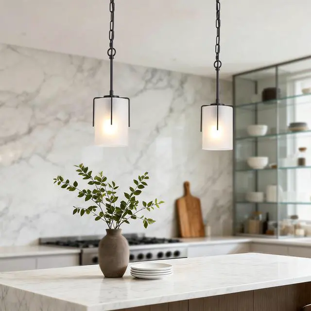 Alt view image 4 of 7 - Modern Adjustable Cylindrical Pendant Light, Milky White Frosted Glass & Black Metal Frame, E26 Base, Compatible with Flat/Vaulted/Sloped Ceilings, Ideal for Kitchen Island, Dining Room, Bedroom