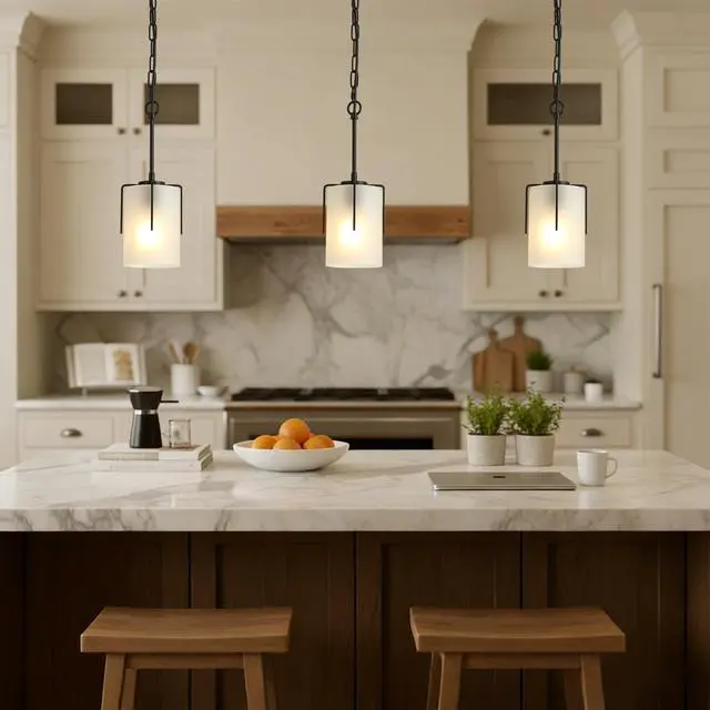 Alt view image 6 of 7 - Modern Adjustable Cylindrical Pendant Light, Milky White Frosted Glass & Black Metal Frame, E26 Base, Compatible with Flat/Vaulted/Sloped Ceilings, Ideal for Kitchen Island, Dining Room, Bedroom