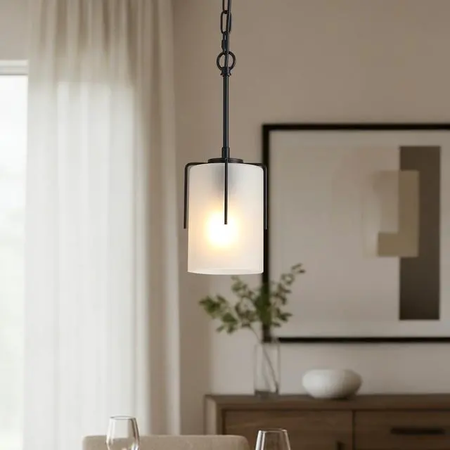 Alt view image 7 of 7 - Modern Adjustable Cylindrical Pendant Light, Milky White Frosted Glass & Black Metal Frame, E26 Base, Compatible with Flat/Vaulted/Sloped Ceilings, Ideal for Kitchen Island, Dining Room, Bedroom