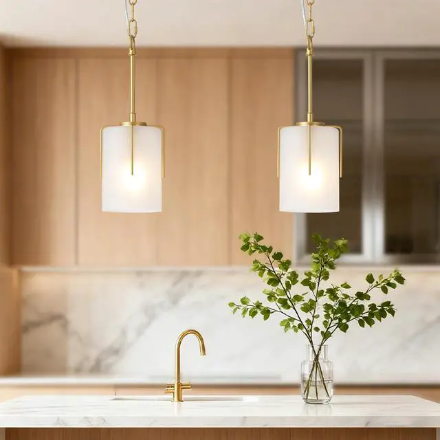 Alt view image 6 of 7 - Gold Modern Pendant Light with Frosted Glass Shade, Adjustable Height, Compatible with Flat/Vaulted/Curved Ceilings, E26 Base (Max 60W) for Kitchen Island Dining Room
