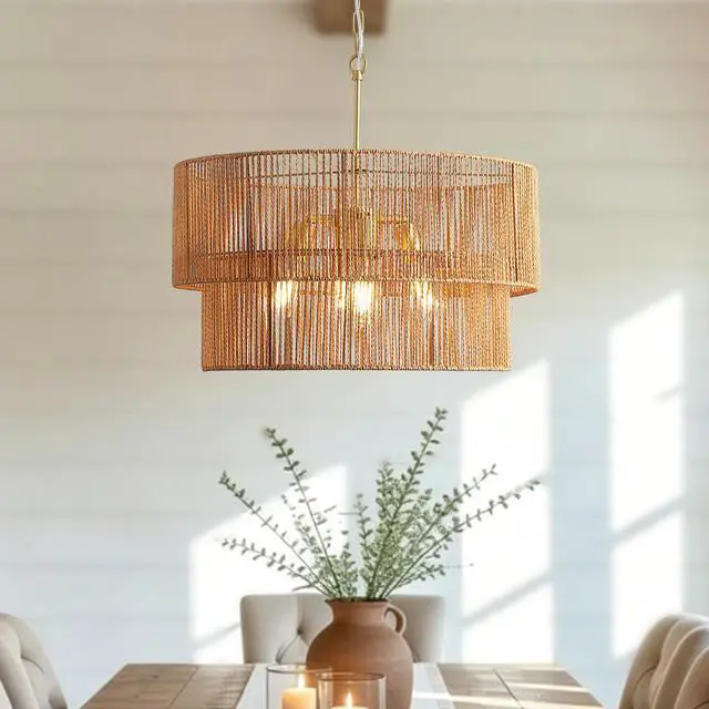 Alt view image 2 of 7 - 23.62" Handwoven Woven Paper Rattan Chandelier, 2-Tier Boho Wabi-Sabi Pendant Light, Gold Metal Hanging Ceiling Lamp, Wicker Lighting Fixture for Dining Room Kitchen Island Living Room