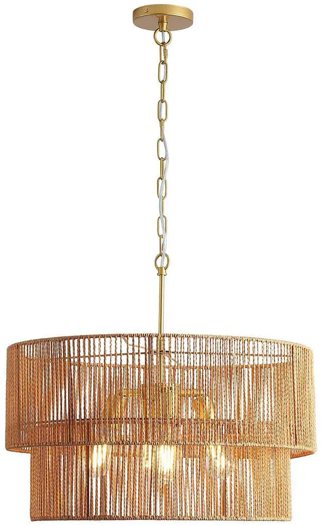 Main image of 23.62" Handwoven Woven Paper Rattan Chandelier, 2-Tier Boho Wabi-Sabi Pendant Light, Gold Metal Hanging Ceiling Lamp, Wicker Lighting Fixture for Dining Room Kitchen Island Living Room