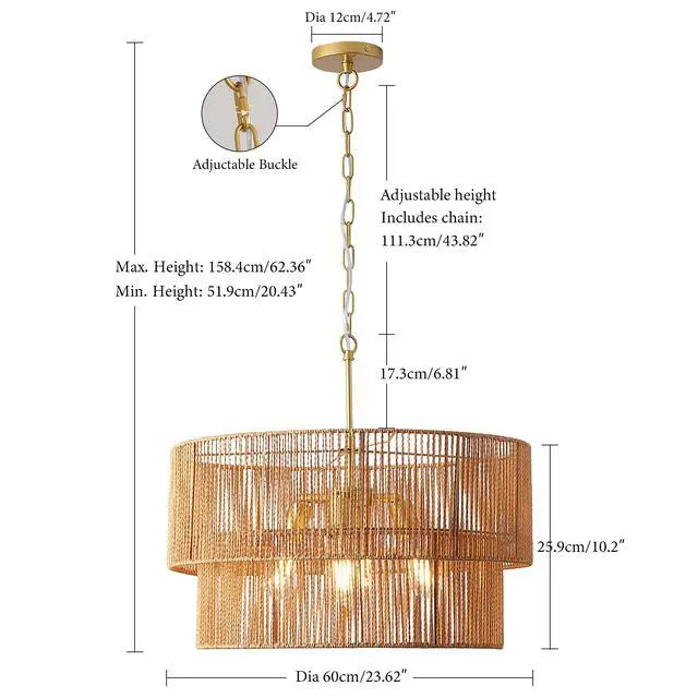 Alt view image 3 of 7 - 23.62" Handwoven Woven Paper Rattan Chandelier, 2-Tier Boho Wabi-Sabi Pendant Light, Gold Metal Hanging Ceiling Lamp, Wicker Lighting Fixture for Dining Room Kitchen Island Living Room