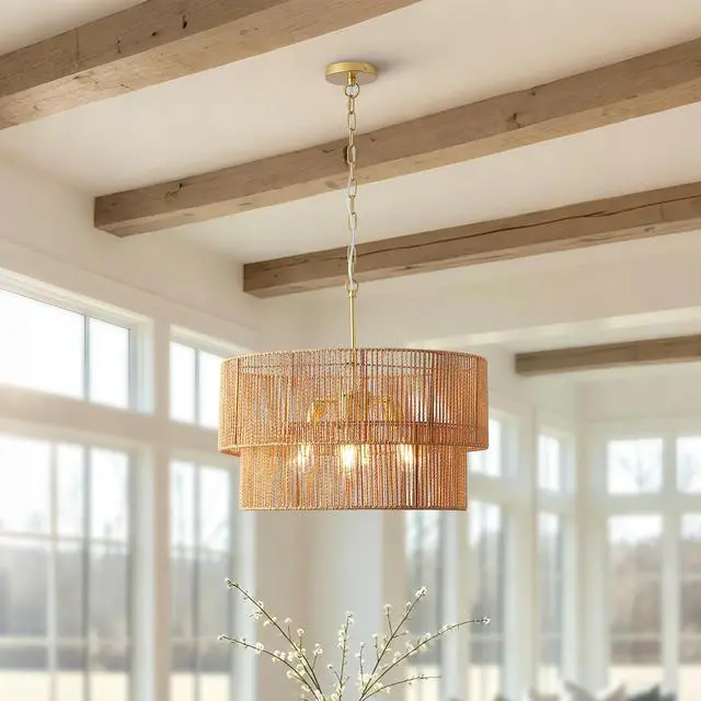 Alt view image 4 of 7 - 23.62" Handwoven Woven Paper Rattan Chandelier, 2-Tier Boho Wabi-Sabi Pendant Light, Gold Metal Hanging Ceiling Lamp, Wicker Lighting Fixture for Dining Room Kitchen Island Living Room