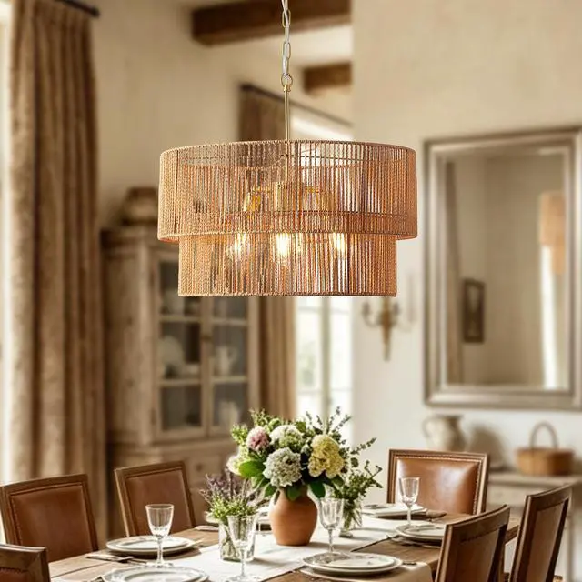Alt view image 5 of 7 - 23.62" Handwoven Woven Paper Rattan Chandelier, 2-Tier Boho Wabi-Sabi Pendant Light, Gold Metal Hanging Ceiling Lamp, Wicker Lighting Fixture for Dining Room Kitchen Island Living Room