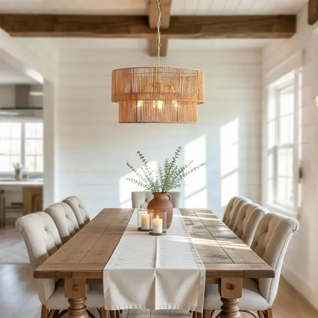 Alt view image 6 of 7 - 23.62" Handwoven Woven Paper Rattan Chandelier, 2-Tier Boho Wabi-Sabi Pendant Light, Gold Metal Hanging Ceiling Lamp, Wicker Lighting Fixture for Dining Room Kitchen Island Living Room