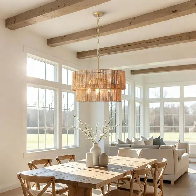 Alt view image 7 of 7 - 23.62" Handwoven Woven Paper Rattan Chandelier, 2-Tier Boho Wabi-Sabi Pendant Light, Gold Metal Hanging Ceiling Lamp, Wicker Lighting Fixture for Dining Room Kitchen Island Living Room