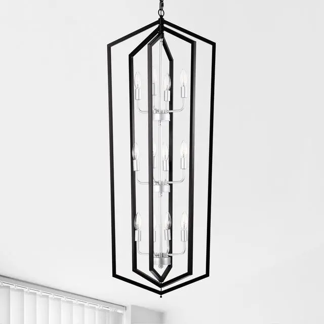 Alt view image 2 of 7 - 12-Light Farmhouse Kitchen Chandeliers, Matte Black and Sliver Vintage Rustic Cage Light Fixture Adjustable Height Chandeliers for Dining Room Hallway Foyer Entryway(E12 Bulbs Not included)
