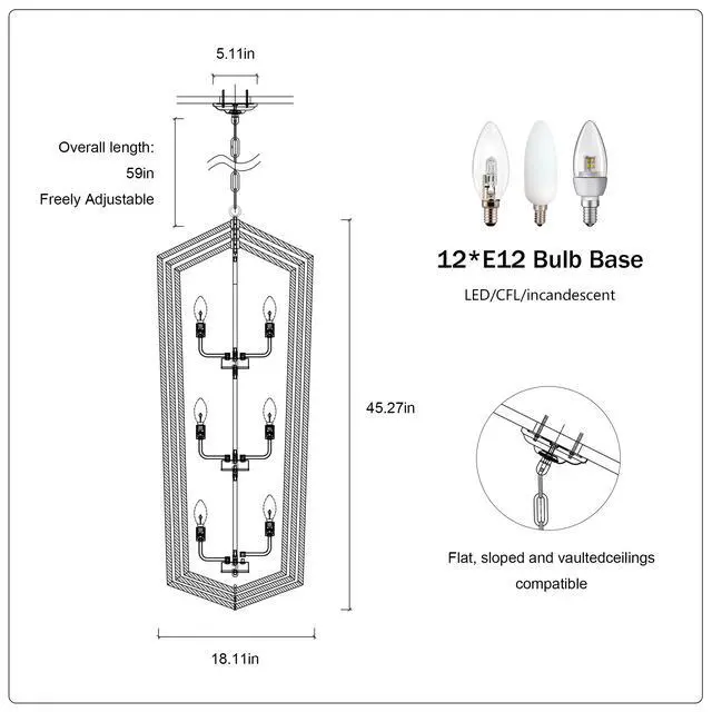 Alt view image 6 of 7 - 12-Light Farmhouse Kitchen Chandeliers, Matte Black and Sliver Vintage Rustic Cage Light Fixture Adjustable Height Chandeliers for Dining Room Hallway Foyer Entryway(E12 Bulbs Not included)