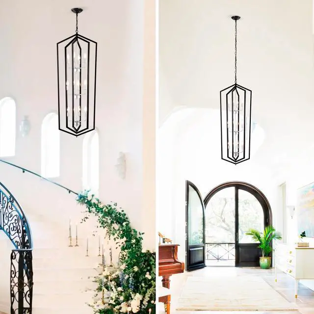 Alt view image 4 of 7 - 12-Light Farmhouse Kitchen Chandeliers, Matte Black and Sliver Vintage Rustic Cage Light Fixture Adjustable Height Chandeliers for Dining Room Hallway Foyer Entryway(E12 Bulbs Not included)