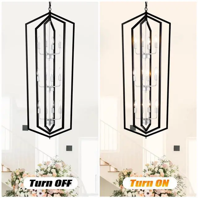 Alt view image 7 of 7 - 12-Light Farmhouse Kitchen Chandeliers, Matte Black and Sliver Vintage Rustic Cage Light Fixture Adjustable Height Chandeliers for Dining Room Hallway Foyer Entryway(E12 Bulbs Not included)