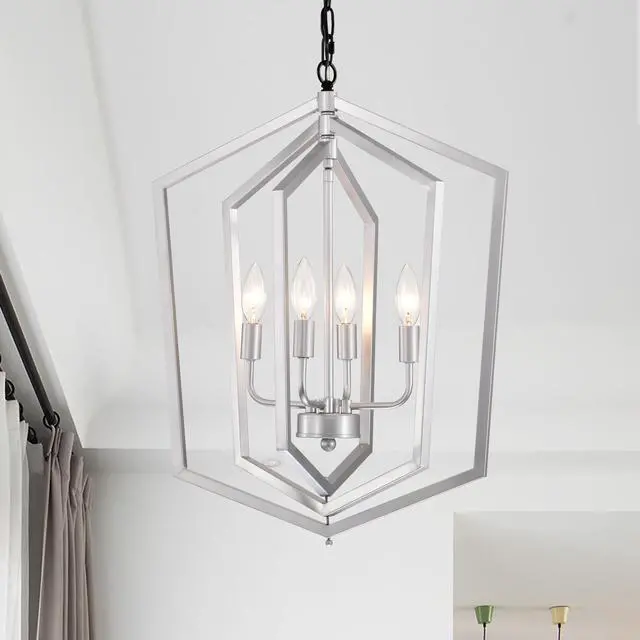 Alt view image 2 of 7 - 4-Light Farmhouse Chandeliers, Matte Black and Sliver + Matte Black Vintage Cage Light Fixture ,Adjustable Height Chandeliers for Dining Room, Bedroom, Living Room, Confere (E12 Bulbs Not included)