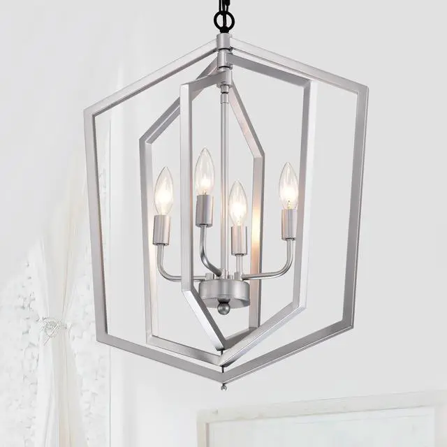 Alt view image 3 of 7 - 4-Light Farmhouse Chandeliers, Matte Black and Sliver + Matte Black Vintage Cage Light Fixture ,Adjustable Height Chandeliers for Dining Room, Bedroom, Living Room, Confere (E12 Bulbs Not included)