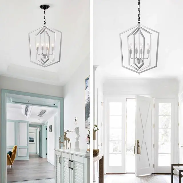 Alt view image 5 of 7 - 4-Light Farmhouse Chandeliers, Matte Black and Sliver + Matte Black Vintage Cage Light Fixture ,Adjustable Height Chandeliers for Dining Room, Bedroom, Living Room, Confere (E12 Bulbs Not included)