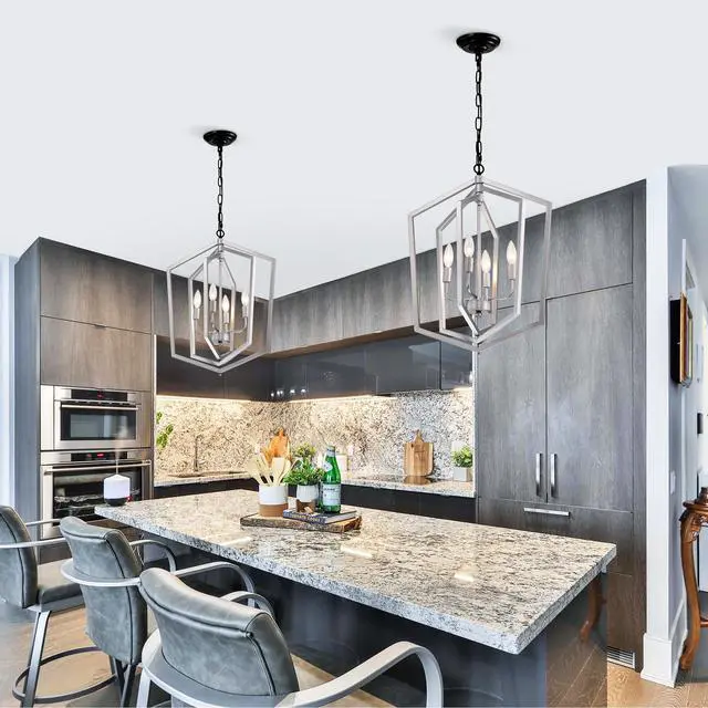 Alt view image 7 of 7 - 4-Light Farmhouse Chandeliers, Matte Black and Sliver + Matte Black Vintage Cage Light Fixture ,Adjustable Height Chandeliers for Dining Room, Bedroom, Living Room, Confere (E12 Bulbs Not included)