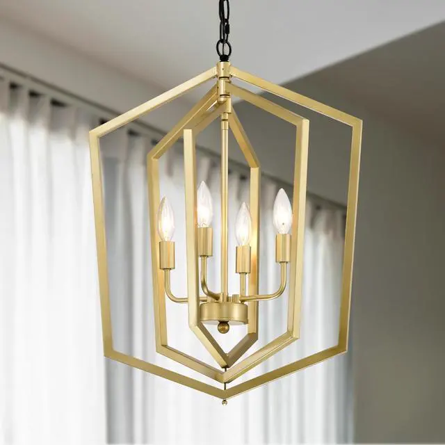 Alt view image 2 of 7 - 4-Light Farmhouse Kitchen Chandeliers, Vintage Cage Light Fixture Adjustable Height Chandeliers for Dining Room Hallway Foyer Entryway(E12 Bulbs Not included)--Gold+Matte Black