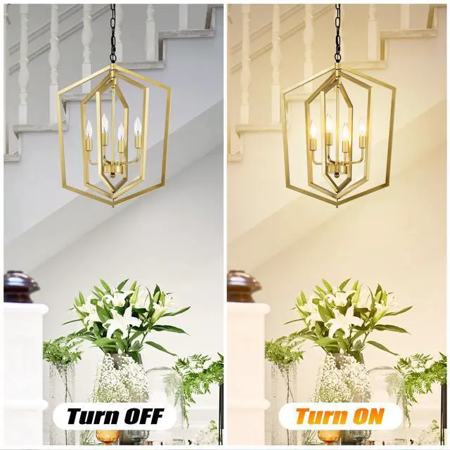 Alt view image 3 of 7 - 4-Light Farmhouse Kitchen Chandeliers, Vintage Cage Light Fixture Adjustable Height Chandeliers for Dining Room Hallway Foyer Entryway(E12 Bulbs Not included)--Gold+Matte Black