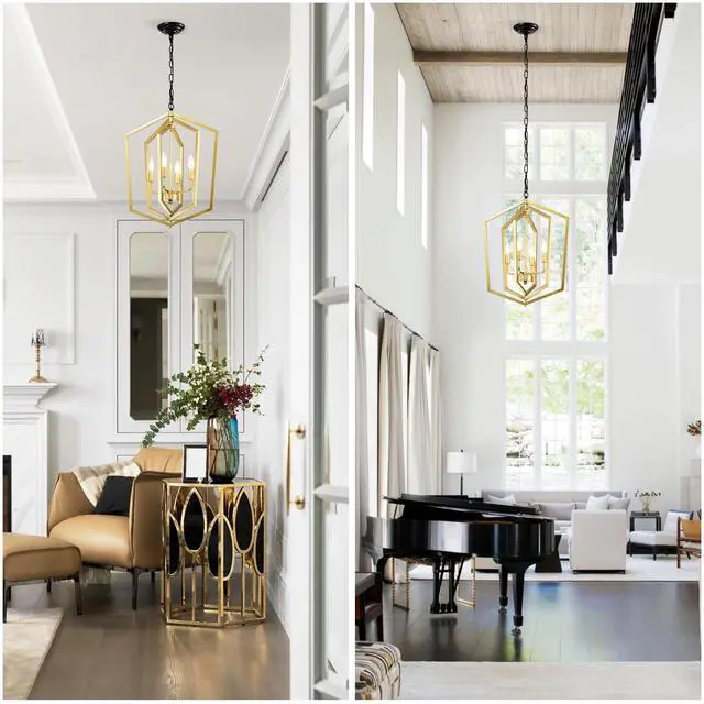 Alt view image 6 of 7 - 4-Light Farmhouse Kitchen Chandeliers, Vintage Cage Light Fixture Adjustable Height Chandeliers for Dining Room Hallway Foyer Entryway(E12 Bulbs Not included)--Gold+Matte Black