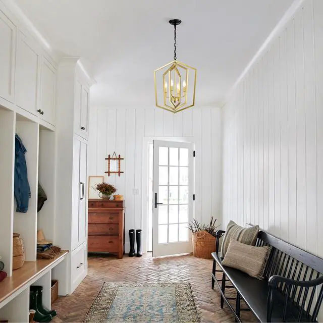 Alt view image 4 of 7 - 4-Light Farmhouse Kitchen Chandeliers, Vintage Cage Light Fixture Adjustable Height Chandeliers for Dining Room Hallway Foyer Entryway(E12 Bulbs Not included)--Gold+Matte Black