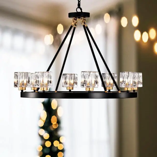 Alt view image 2 of 7 - Matte Black + Gold Wagon Wheel Chandelier Farmhouse Modern Small Crystal Round Chandelier for Living Room Kitchen Island Foyer Hallway Entryway Bedroom Rustic Dining Room Light Fixture Ceiling Hanging