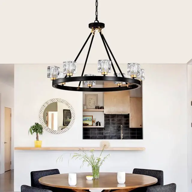 Alt view image 3 of 7 - Matte Black + Gold Wagon Wheel Chandelier Farmhouse Modern Small Crystal Round Chandelier for Living Room Kitchen Island Foyer Hallway Entryway Bedroom Rustic Dining Room Light Fixture Ceiling Hanging