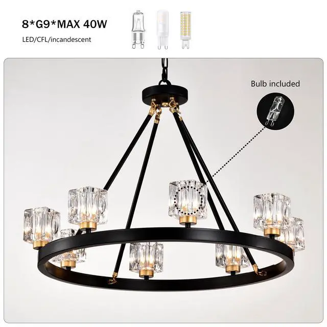 Alt view image 6 of 7 - Matte Black + Gold Wagon Wheel Chandelier Farmhouse Modern Small Crystal Round Chandelier for Living Room Kitchen Island Foyer Hallway Entryway Bedroom Rustic Dining Room Light Fixture Ceiling Hanging
