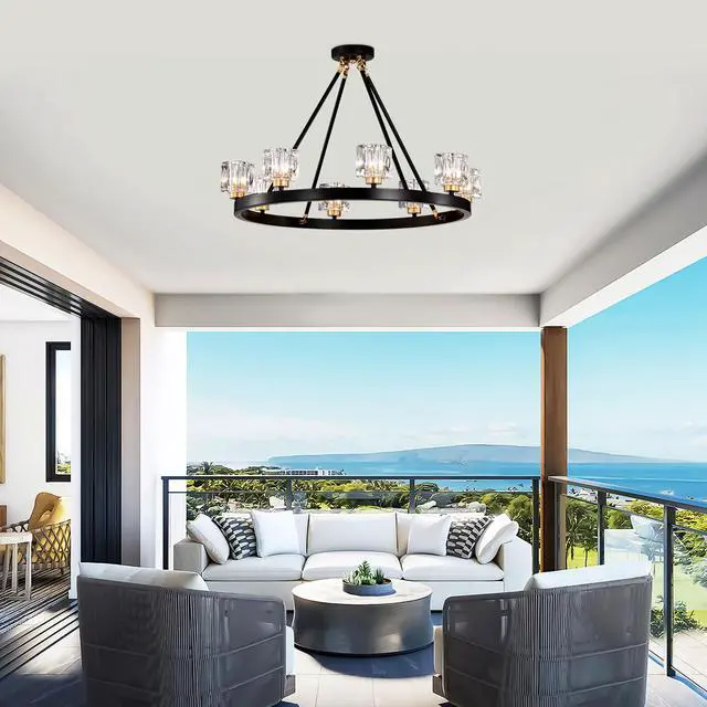 Alt view image 4 of 7 - Matte Black + Gold Wagon Wheel Chandelier Farmhouse Modern Small Crystal Round Chandelier for Living Room Kitchen Island Foyer Hallway Entryway Bedroom Rustic Dining Room Light Fixture Ceiling Hanging