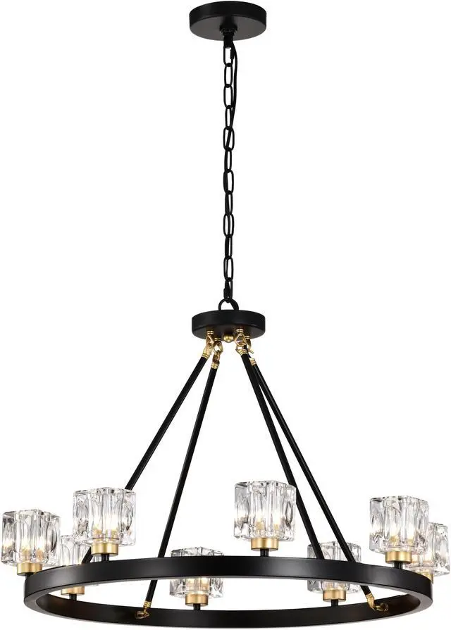Main image of Matte Black + Gold Wagon Wheel Chandelier Farmhouse Modern Small Crystal Round Chandelier for Living Room Kitchen Island Foyer Hallway Entryway Bedroom Rustic Dining Room Light Fixture Ceiling Hanging