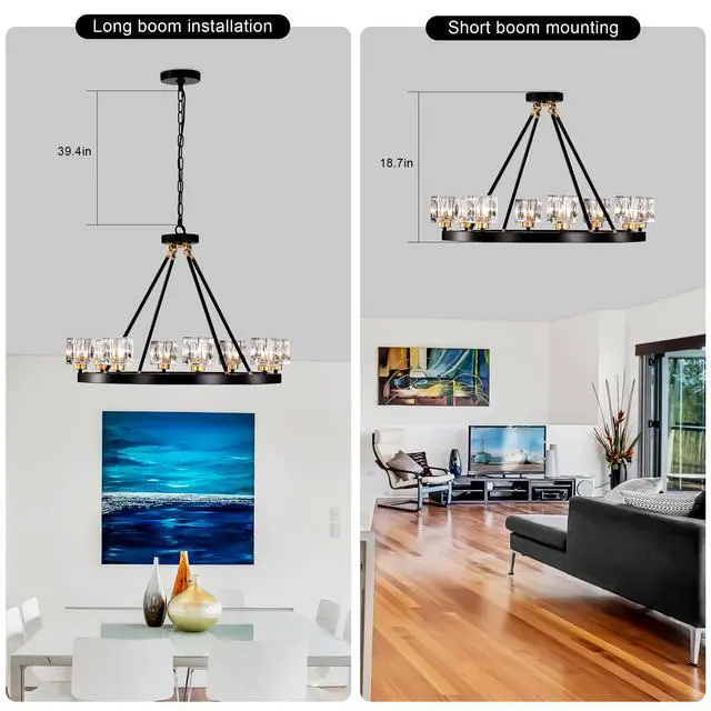 Alt view image 5 of 7 - Matte Black + Gold Wagon Wheel Chandelier Farmhouse Modern Small Crystal Round Chandelier for Living Room Kitchen Island Foyer Hallway Entryway Bedroom Rustic Dining Room Light Fixture Ceiling Hanging