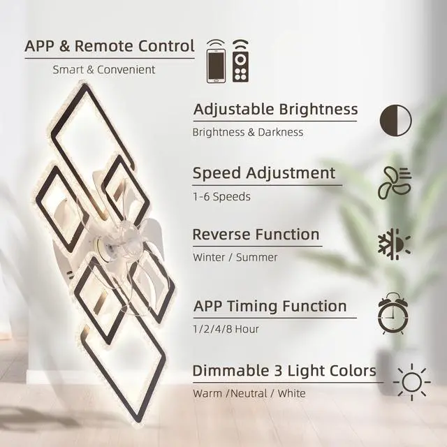Alt view image 5 of 7 - 33-inchblack Ceiling Fan with Lights Remote Control and App Control, Dimmable with Remote 7 Blades 6 Speeds Of Wind
