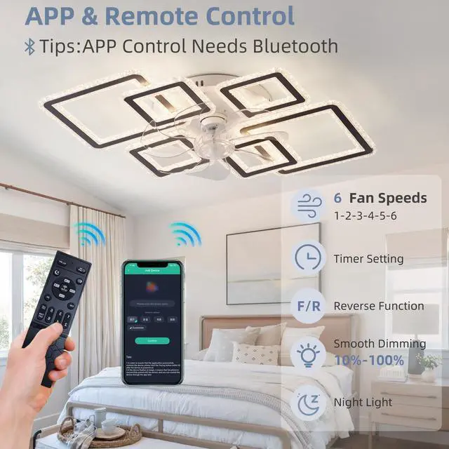 Alt view image 6 of 7 - 33-inchblack Ceiling Fan with Lights Remote Control and App Control, Dimmable with Remote 7 Blades 6 Speeds Of Wind