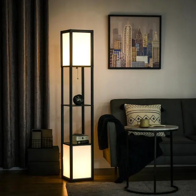 Alt view image 2 of 7 - Homcom Modern Floor Lamp with Shelves & Dual Ambient Lighting, Tall Standing Lamp for Living Room, Bedroom with Fabric Lampshade (Bulb Not included), Black