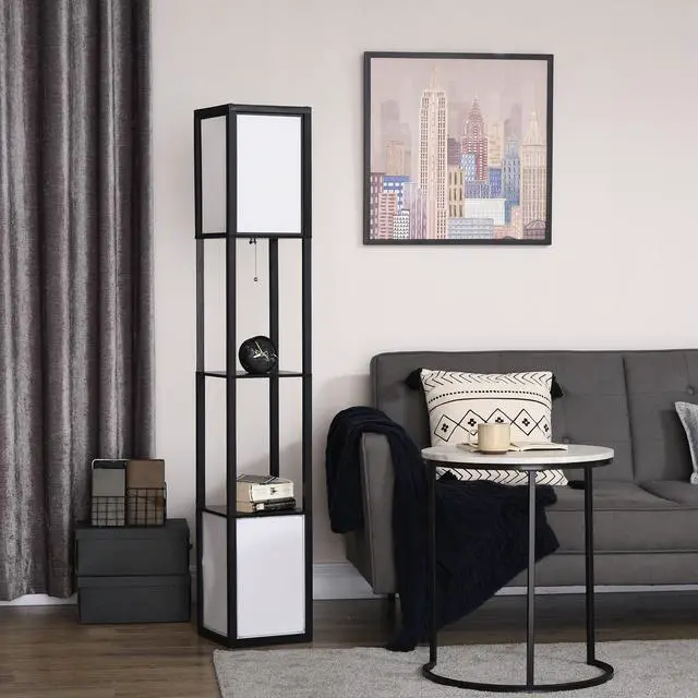 Alt view image 7 of 7 - Homcom Modern Floor Lamp with Shelves & Dual Ambient Lighting, Tall Standing Lamp for Living Room, Bedroom with Fabric Lampshade (Bulb Not included), Black