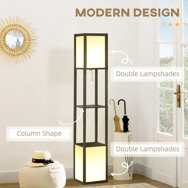 Alt view image 4 of 7 - Homcom Modern Floor Lamp with Shelves & Dual Ambient Lighting, Tall Standing Lamp for Living Room, Bedroom with Fabric Lampshade (Bulb Not included), Black