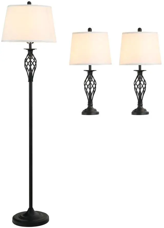 Main image of Homcom 3 Piece Table Floor Lamp Set with Metal Pole, Round Base, and Fabric Lampshade, for Living Room, Black/White