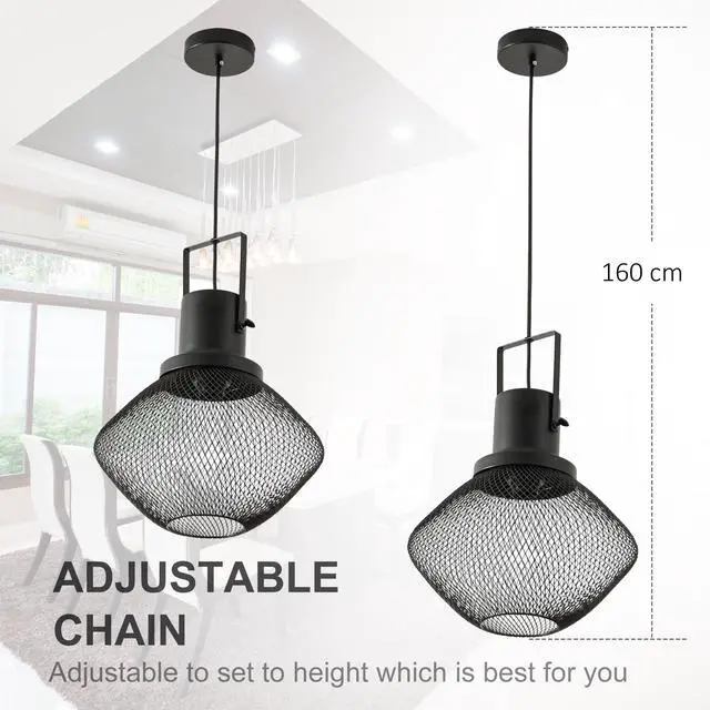 Alt view image 6 of 7 - Homcom industrial Pendant Light Fixtures, Black Metal Frame Hanging Ceiling Light for Living Room, Bedroom, Kitchen, Dining Room with Adjustable Hanging Chain, Black