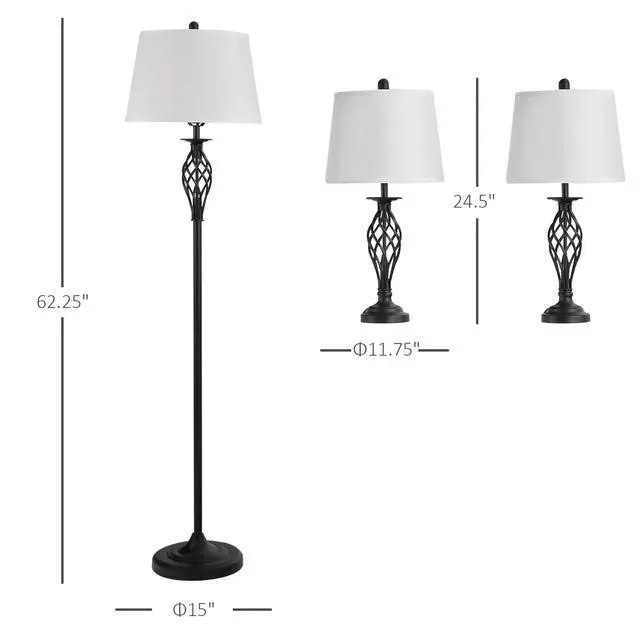 Alt view image 5 of 7 - Homcom 3 Piece Table Floor Lamp Set with Metal Pole, Round Base, and Fabric Lampshade, for Living Room, Black/White