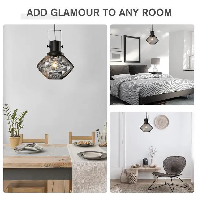 Alt view image 3 of 7 - Homcom industrial Pendant Light Fixtures, Black Metal Frame Hanging Ceiling Light for Living Room, Bedroom, Kitchen, Dining Room with Adjustable Hanging Chain, Black