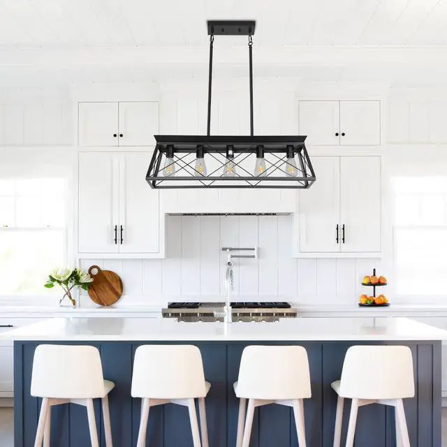 Alt view image 2 of 7 - 32-inch Black industrial 5-Light Pendant Chandelier, Modern Metal Cage Design, Adjustable Hanging Light for Dining Room, Kitchen, Living Room (Bulb Not included)