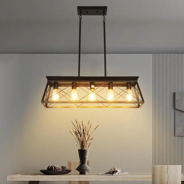 Alt view image 3 of 7 - 32-inch Black industrial 5-Light Pendant Chandelier, Modern Metal Cage Design, Adjustable Hanging Light for Dining Room, Kitchen, Living Room (Bulb Not included)