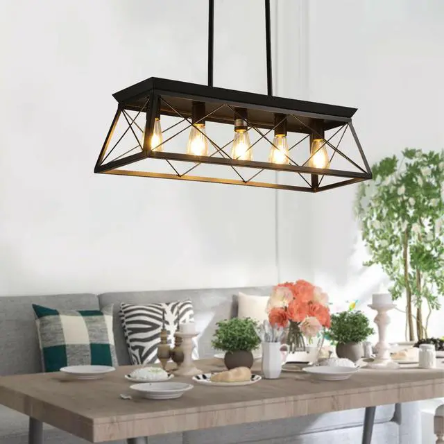 Alt view image 5 of 7 - 32-inch Black industrial 5-Light Pendant Chandelier, Modern Metal Cage Design, Adjustable Hanging Light for Dining Room, Kitchen, Living Room (Bulb Not included)
