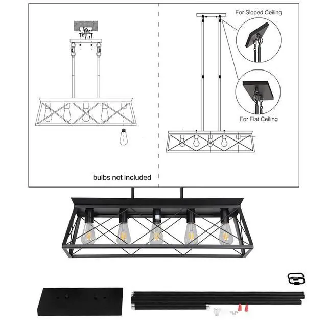 Alt view image 7 of 7 - 32-inch Black industrial 5-Light Pendant Chandelier, Modern Metal Cage Design, Adjustable Hanging Light for Dining Room, Kitchen, Living Room (Bulb Not included)
